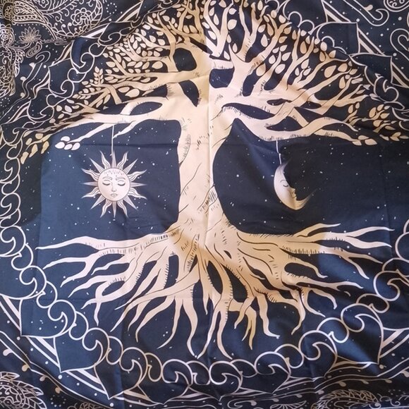 TREE OF LIFE, NEW TAPESTRY Sun Moon H 53" x W 60", Beige on Black - Picture 2 of 11